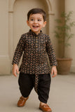 Black Handblock Printed Kurta with Dhoti Set For Boys