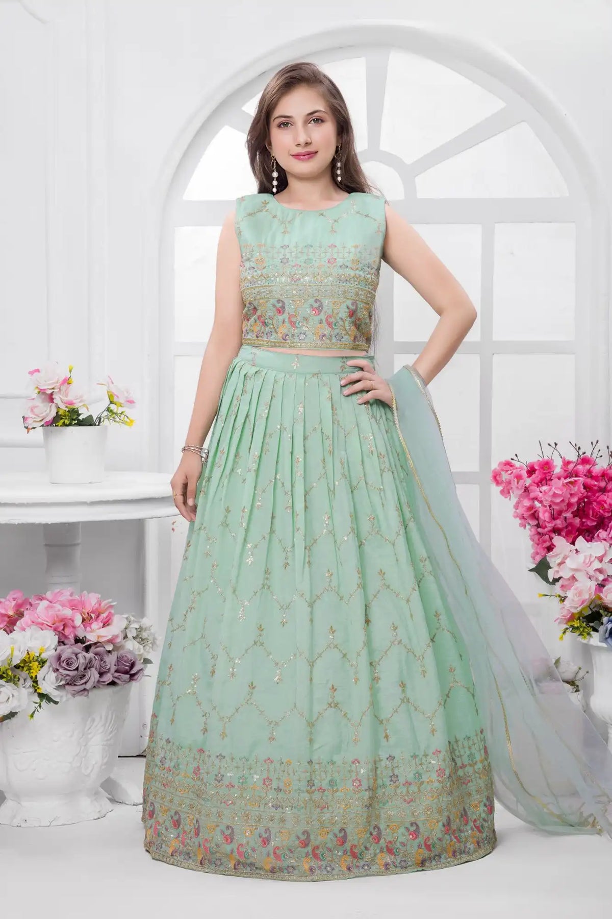 Elegant Mint Green Embroidered Lehenga Choli with Dupatta For Girls