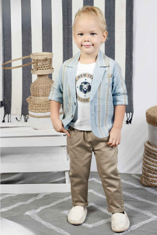 White Printed T-shirt And Beige Pant With Sky Blue Overcoat For Boys