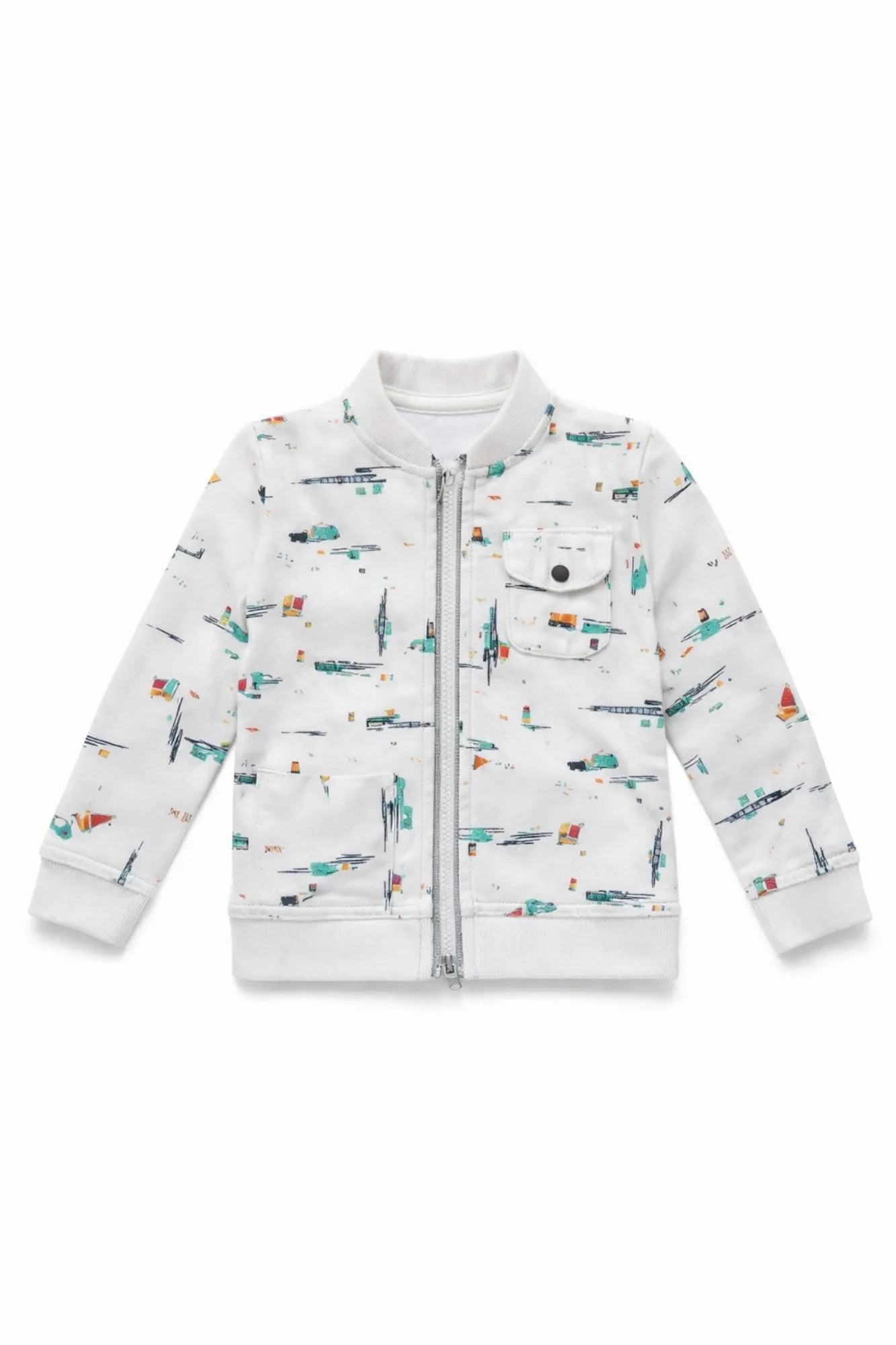 White Printed Full-Sleeve Jacket with Front Zip For Boys