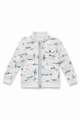 White Printed Full-Sleeve Jacket with Front Zip For Boys