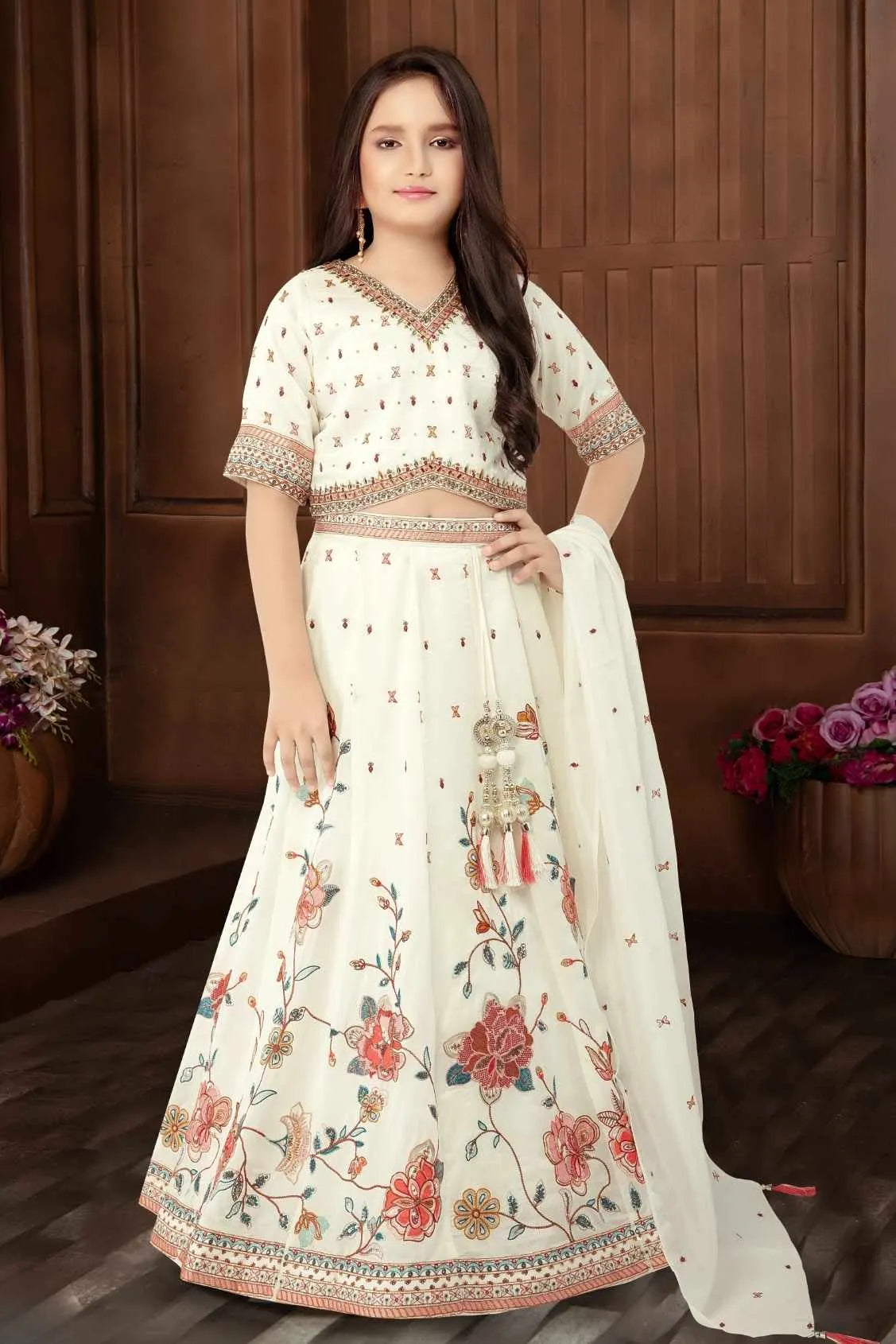 Ivory Floral Embroidered Lehenga Choli Set with Dupatta for Girls
