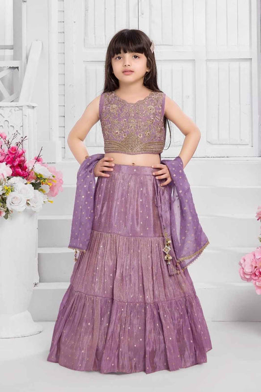 Lavender Shimmer Sequins And Embroidered Lehenga Choli Set for Girls