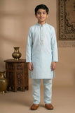 Blue Embroidered Linen Kurta Set For Boys