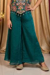 Teal Green Embroidered Palazzo Set For Girls
