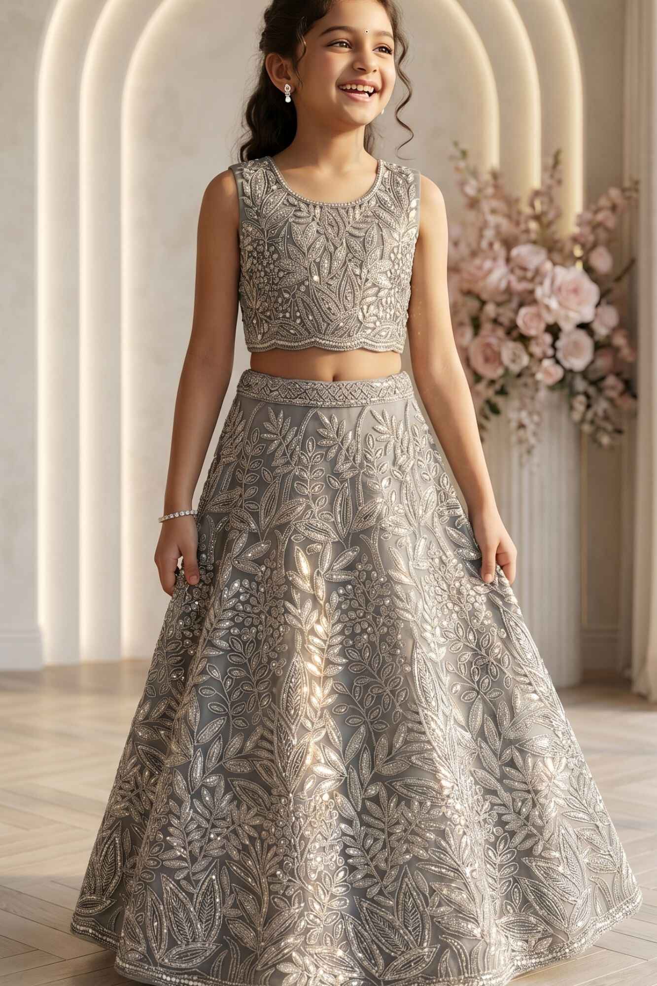 Elegant Grey Embellished Lehenga Choli Set for Girls