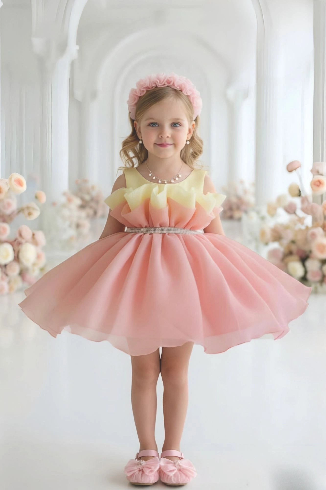 Peach And Yellow Layered Party Frock With Tailback For Girls