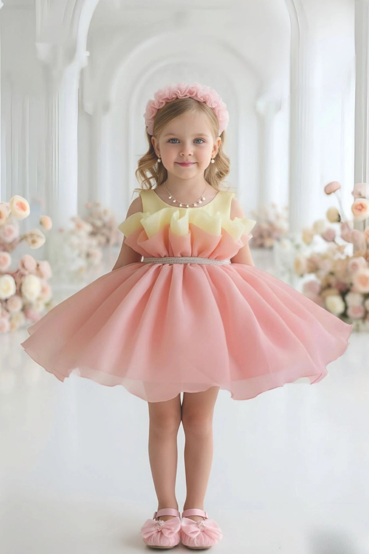 Peach And Yellow Layered Party Frock With Tailback For Girls