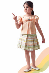 Peach Bow Embellished Top With Printed Skirt Set For Girls