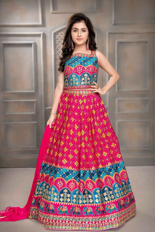 Rani Pink And Blue Embroidered With Sequin Work Lehenga Choli Set For Girls