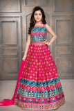 Rani Pink And Blue Embroidered With Sequin Work Lehenga Choli Set For Girls