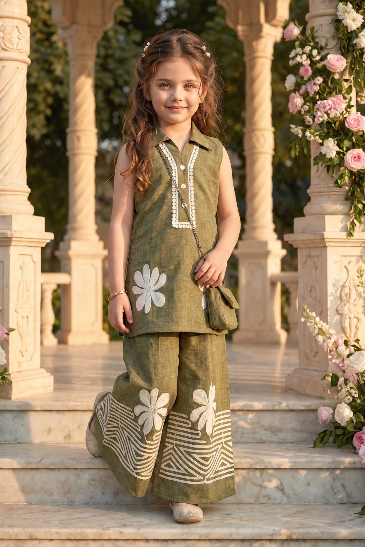 Olive & White Floral Embroidered Sleeveless Co-ord Set For Girls