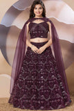 Maroon Embroidered Lehenga Choli Set With Cape Dupatta for Girls