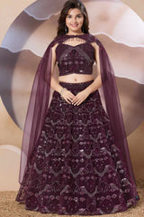 Maroon Embroidered Lehenga Choli Set With Cape Dupatta for Girls