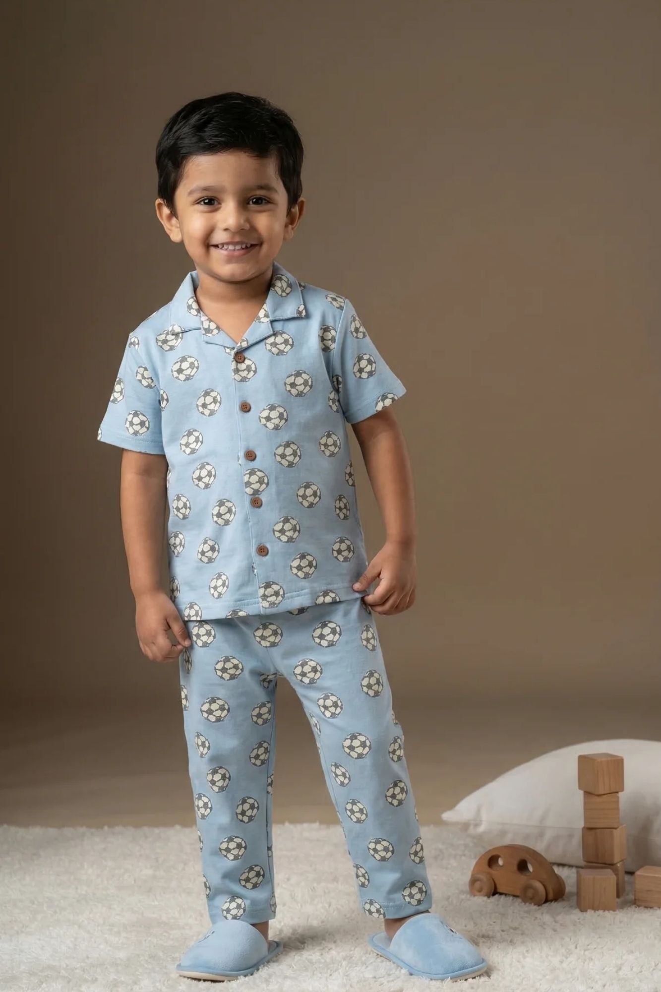 Powder Blue Football Print Cotton Night Suit Set For Boys