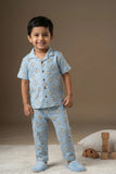 Powder Blue Football Print Cotton Night Suit Set For Boys