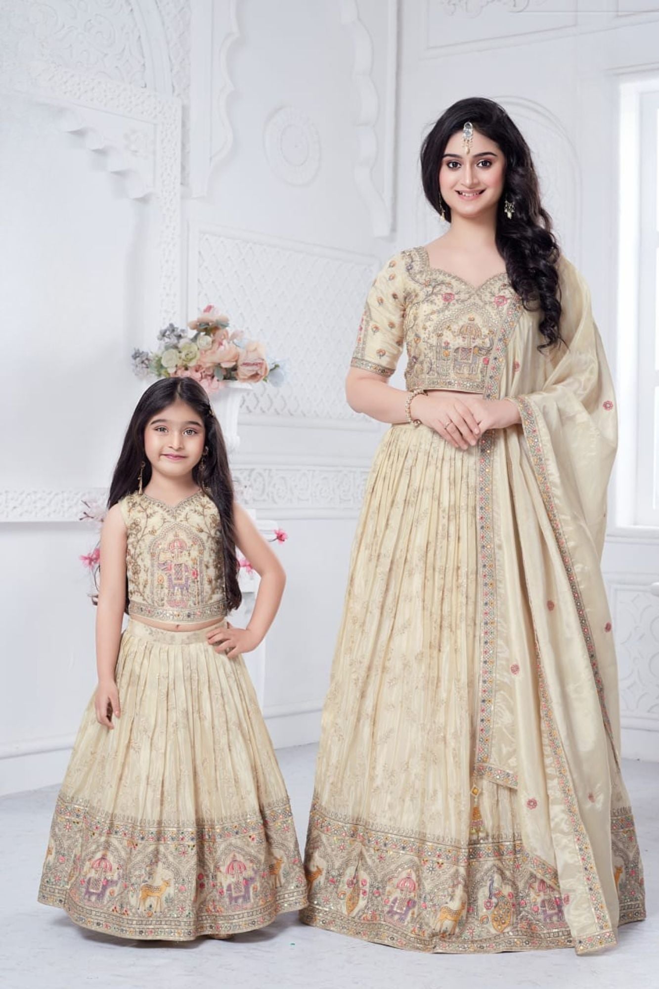 Cream Elephant Motif Lehenga Choli with Regal Zari Embroidery For Girls