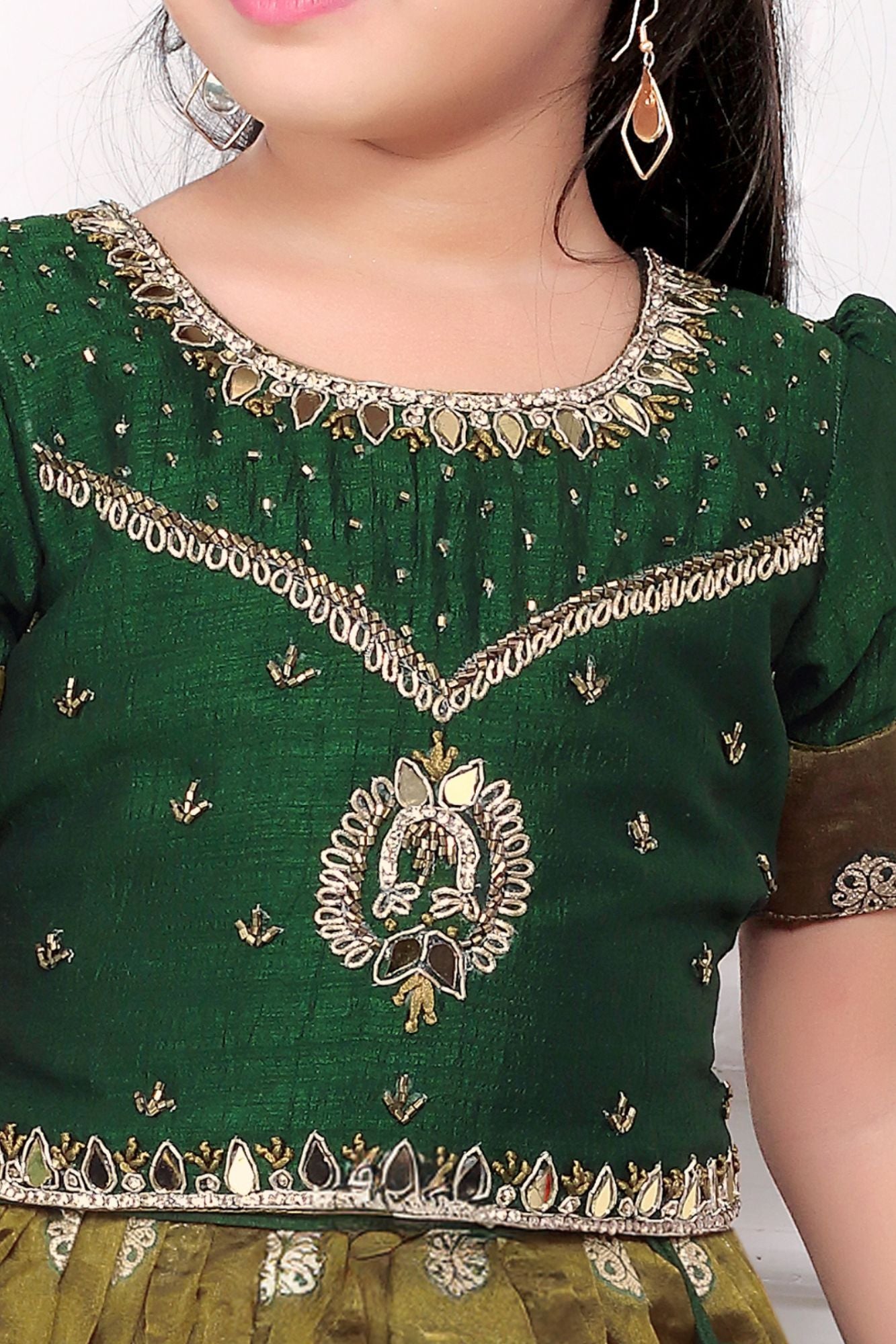 Bottle Green Mirror Embroidered Silk Pattu Pavadai For Girls