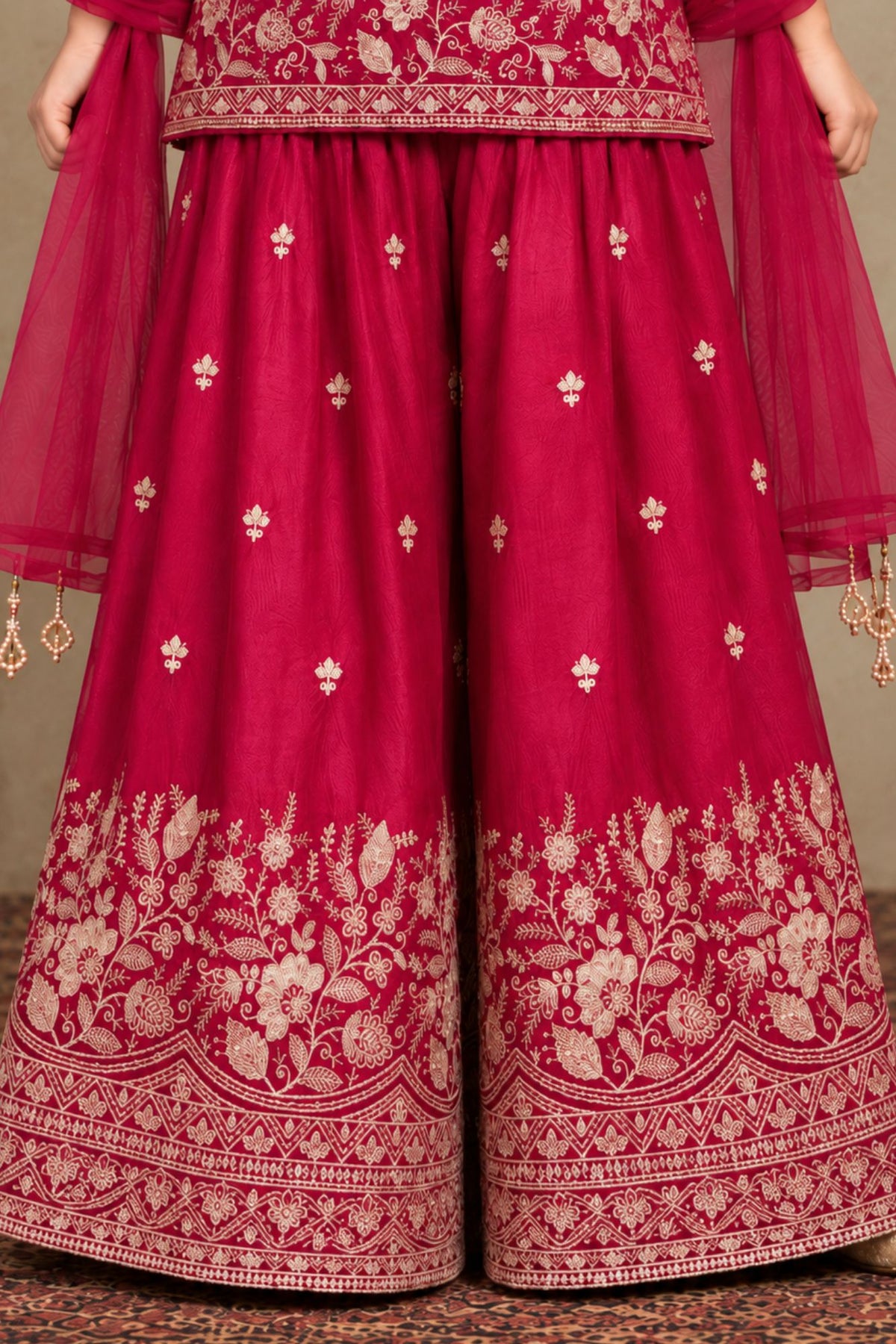 Girls Crimson With Gold Zari Embroidered Palazzo Set with Dupatta