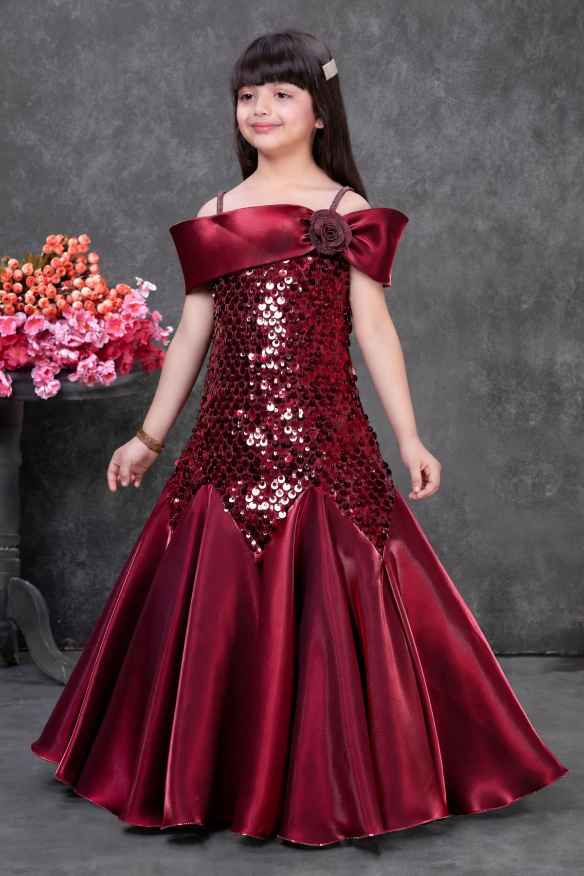 Maroon Sequin Embellished Mermaid Style Party Wear Gown For Girls
