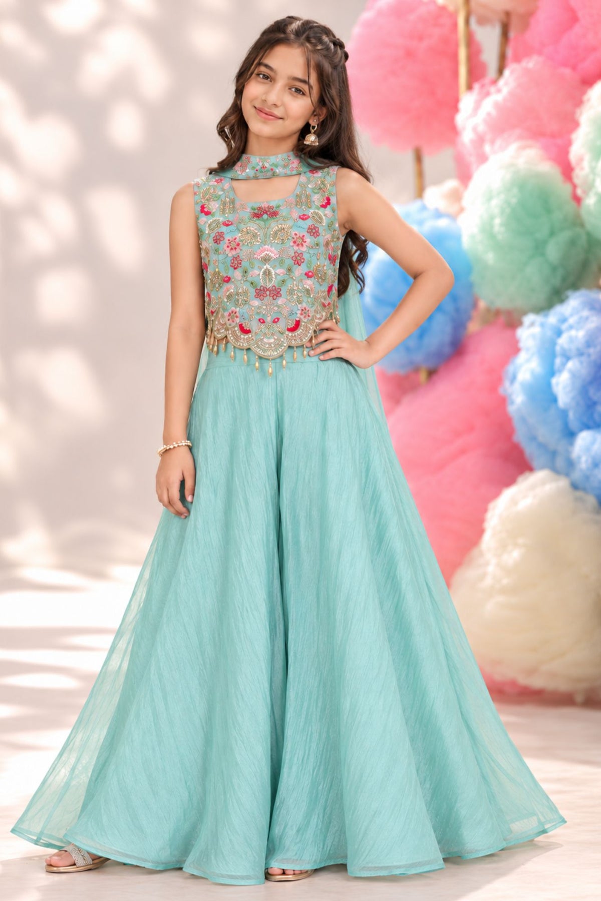 Girls Mint Blue Embroidered Palazzo Set With Dupatta