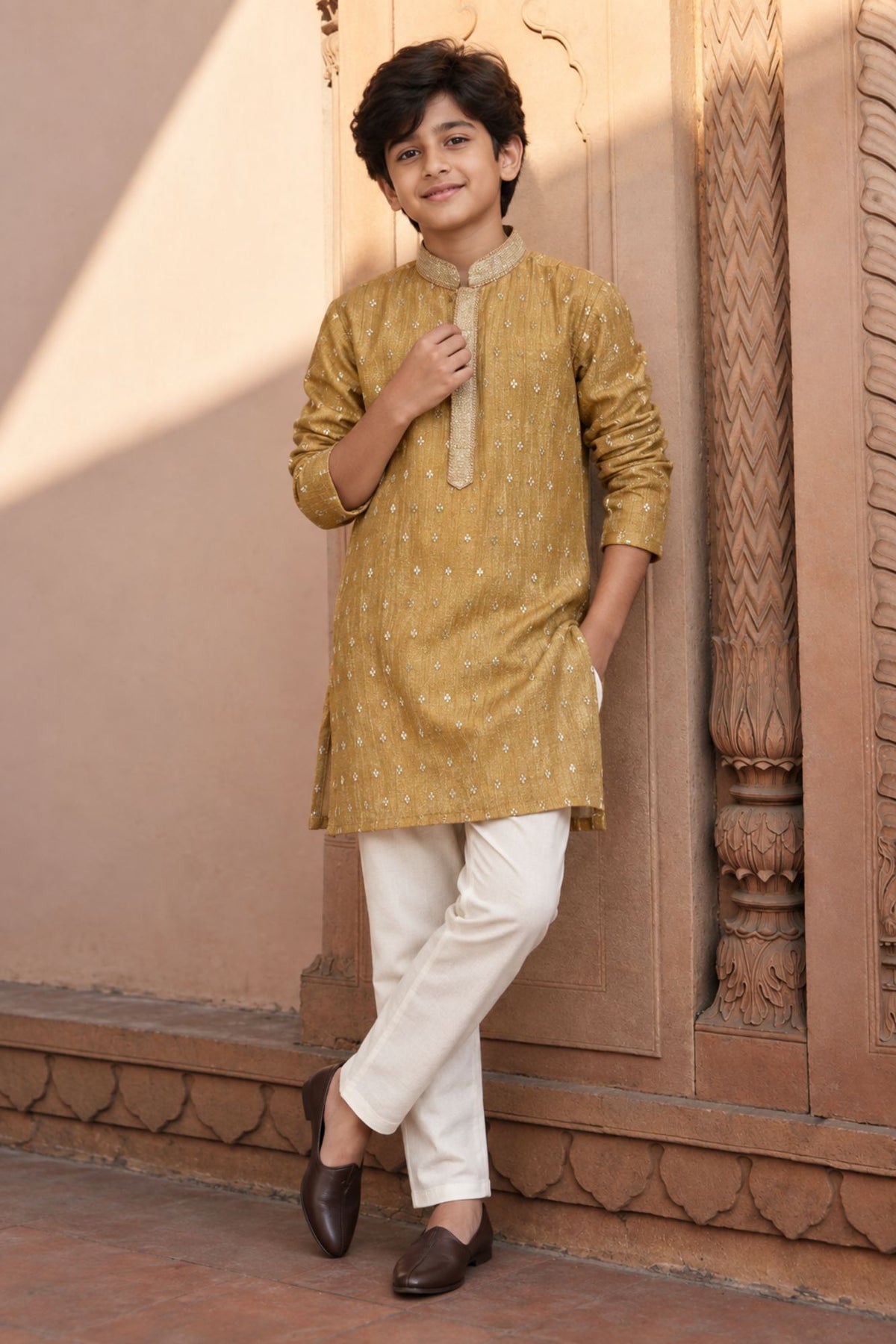 Boys Ethnic Gold Crushed Tissue Embriodered Kurta Pajama Set