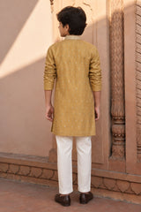 Boys Ethnic Gold Crushed Tissue Embriodered Kurta Pajama Set
