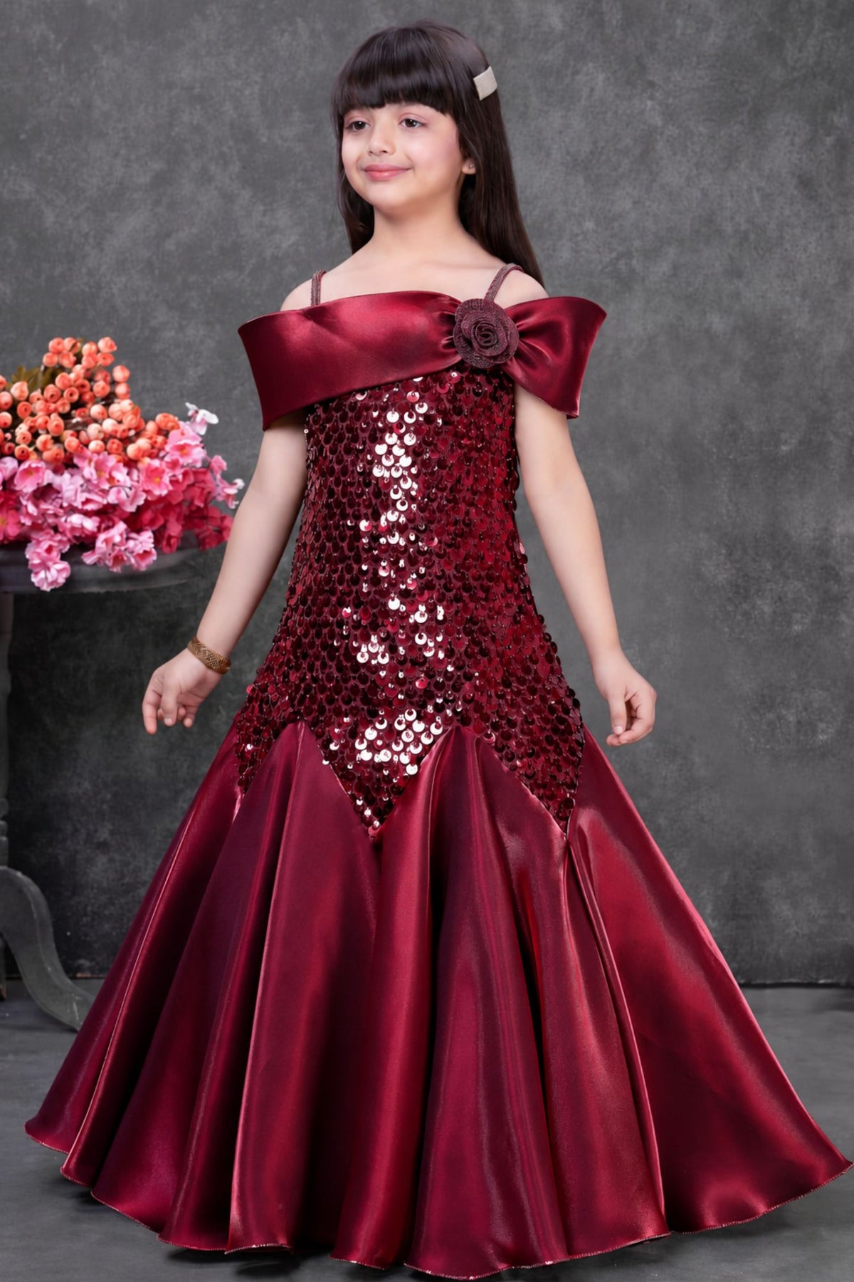Maroon Sequin Embellished Mermaid Style Party Wear Gown For Girls