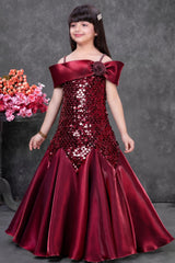Maroon Sequin Embellished Mermaid Style Party Wear Gown For Girls