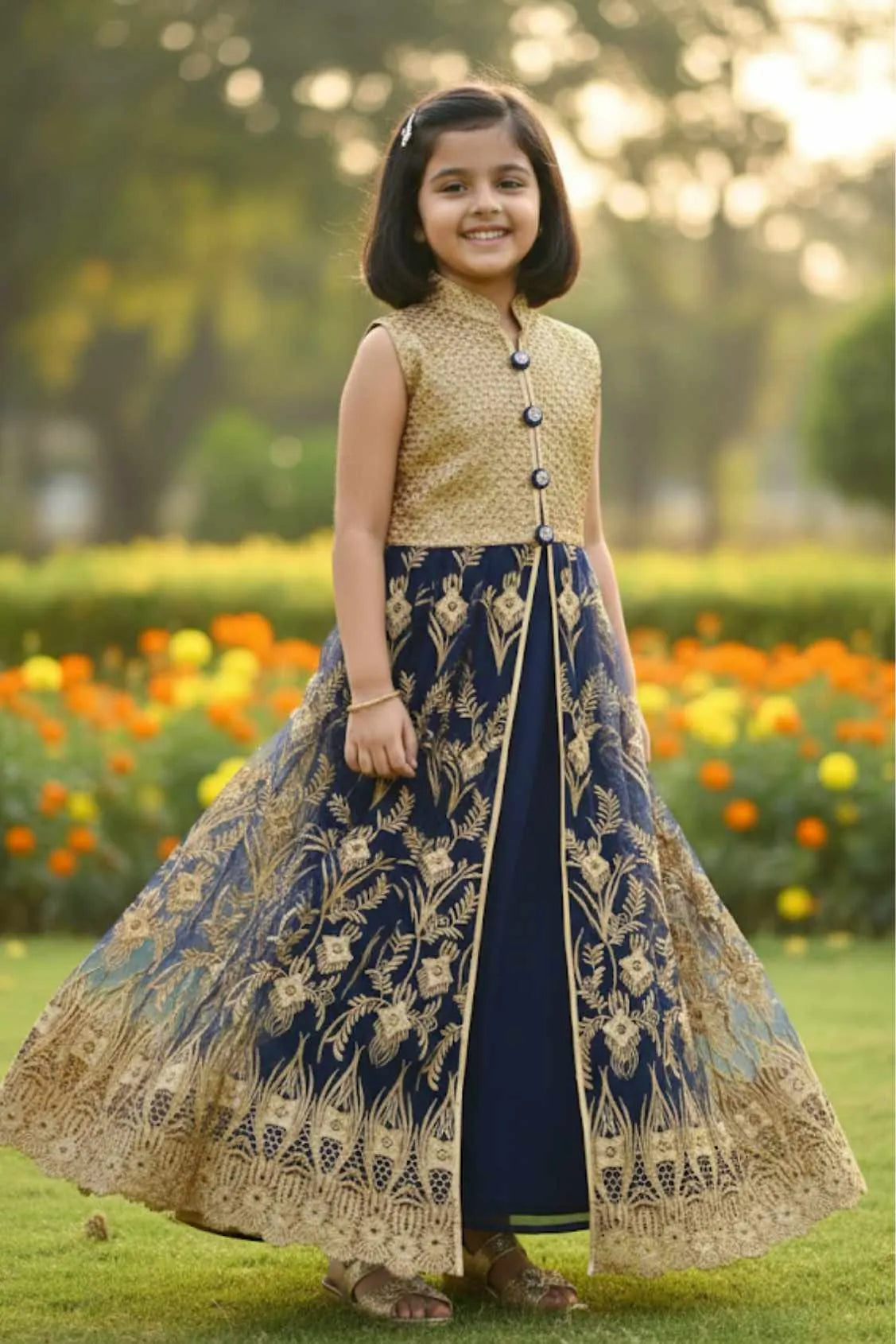 Gold Mastani Top With Navy Blue Lehenga for Girls