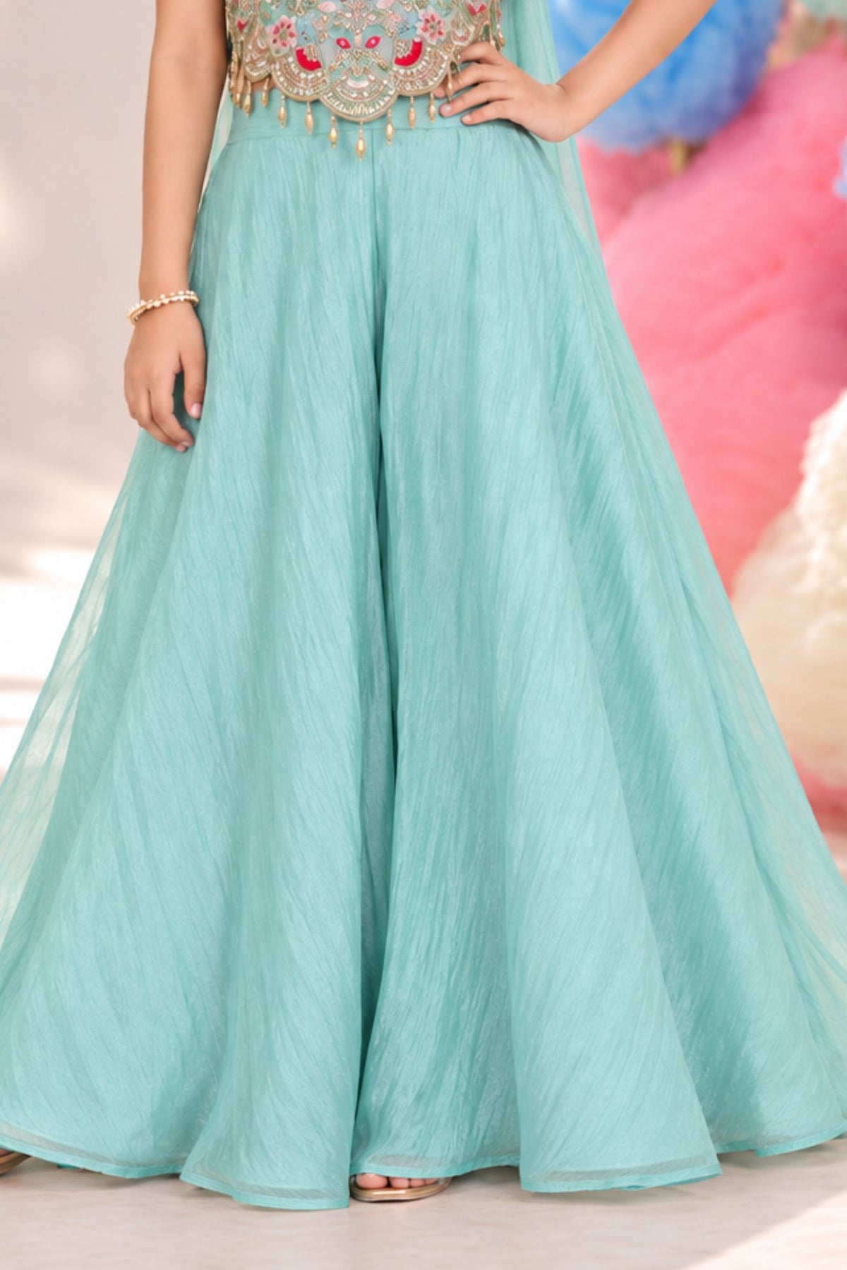 Girls Mint Blue Embroidered Palazzo Set With Dupatta