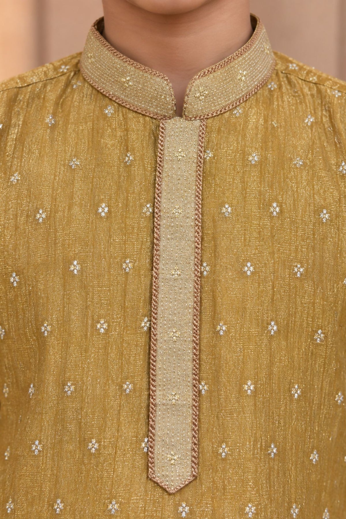 Boys Ethnic Gold Crushed Tissue Embriodered Kurta Pajama Set