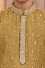 Boys Ethnic Gold Crushed Tissue Embriodered Kurta Pajama Set