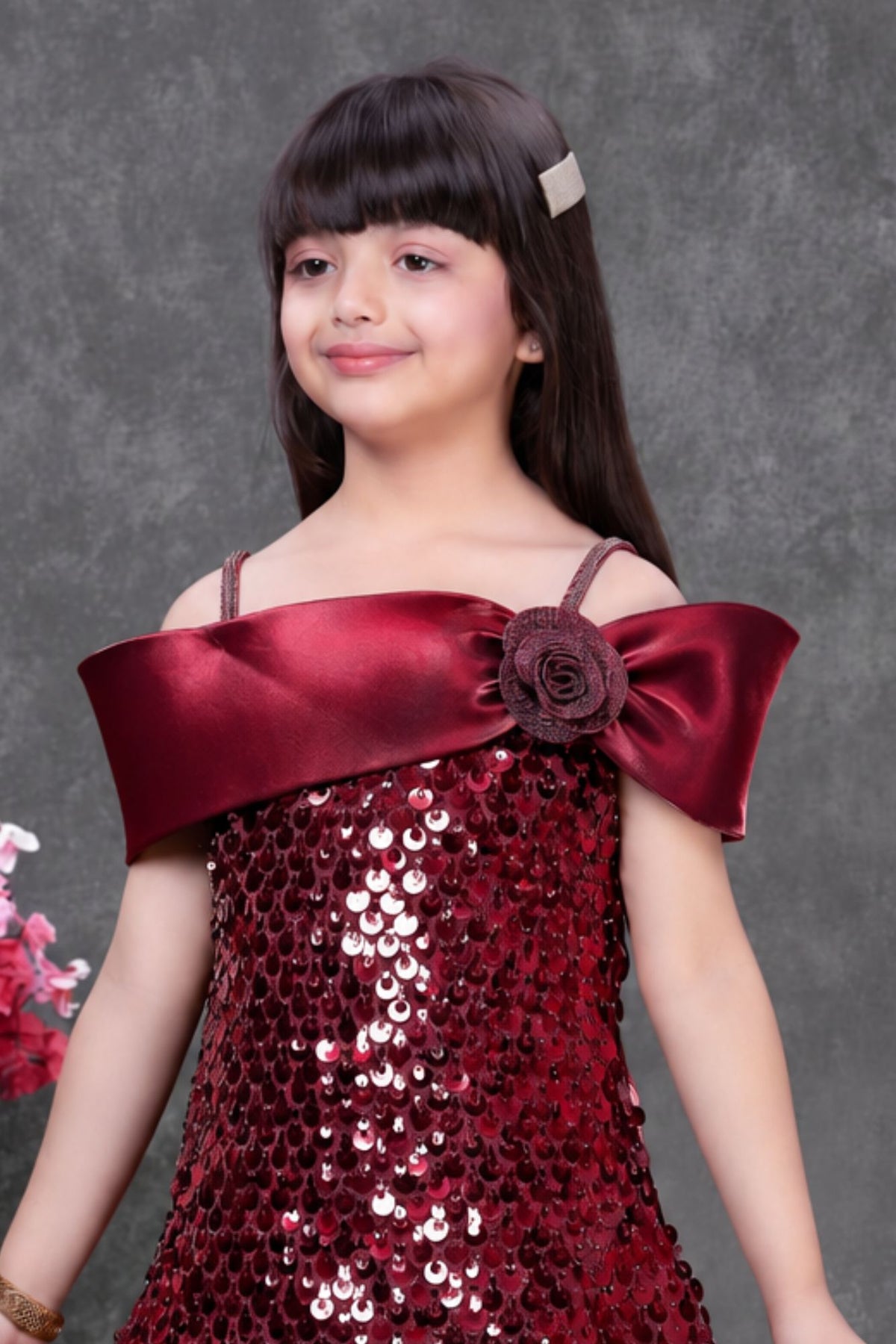 Maroon Sequin Embellished Mermaid Style Party Wear Gown For Girls