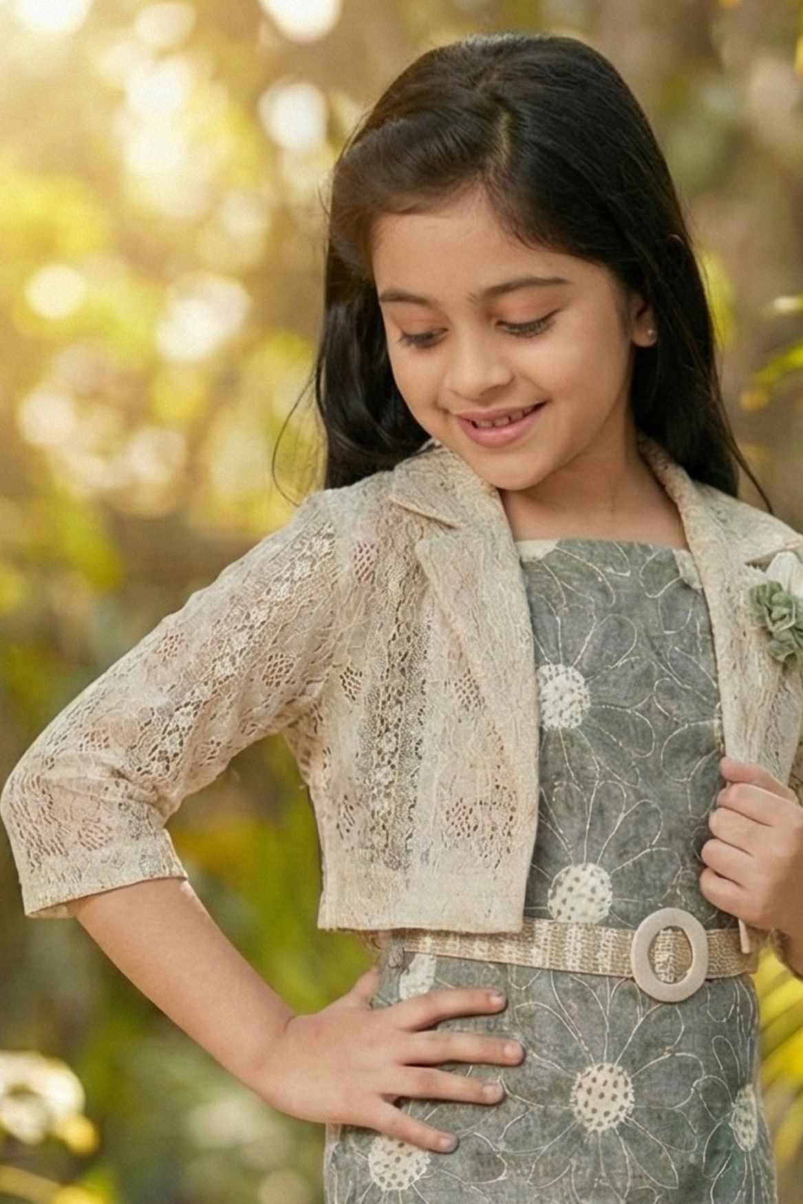 Olive Green Dress With Floral Embroidery And Lace Shrug For Girls 4-5Y (24) Olive Green Dress With Floral Embroidery And Lace Shrug For Girls 4-5Y (24)