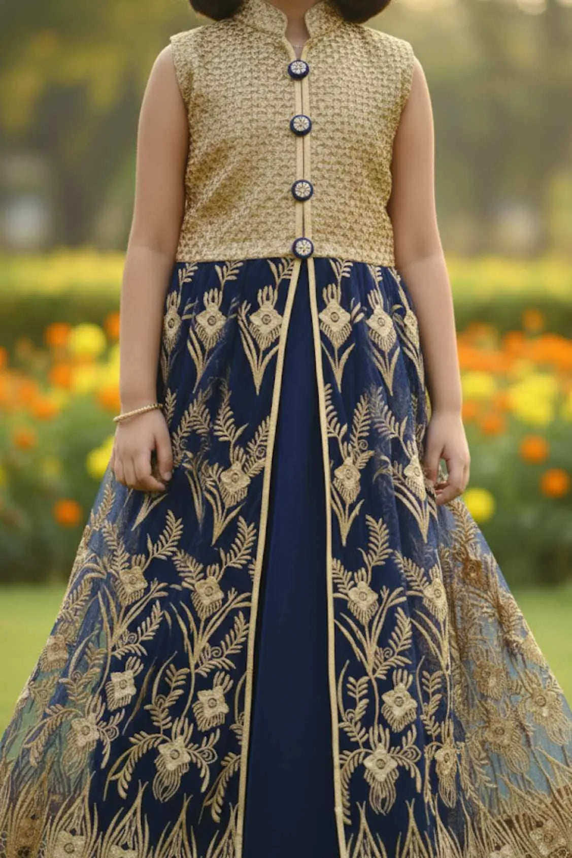 Gold Mastani Top With Navy Blue Lehenga for Girls
