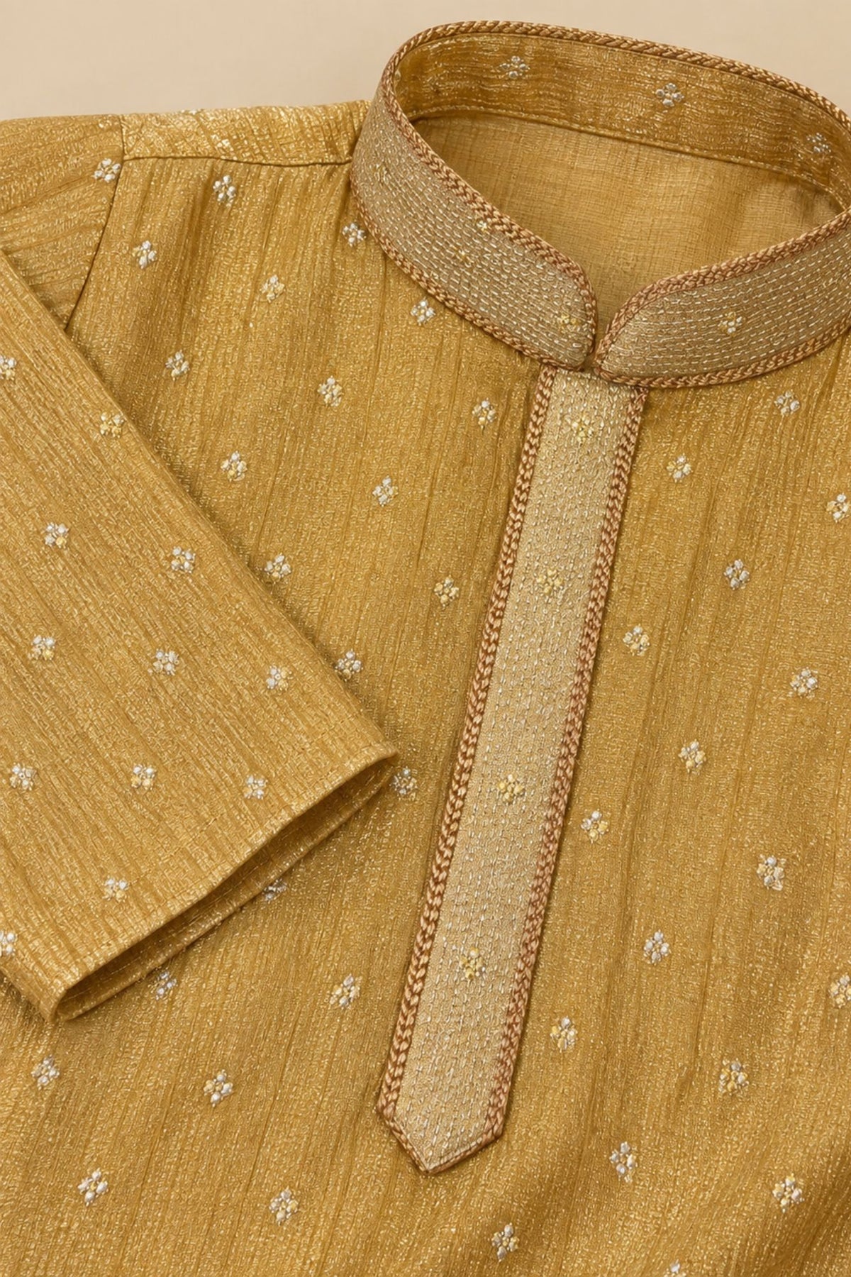 Boys Ethnic Gold Crushed Tissue Embriodered Kurta Pajama Set