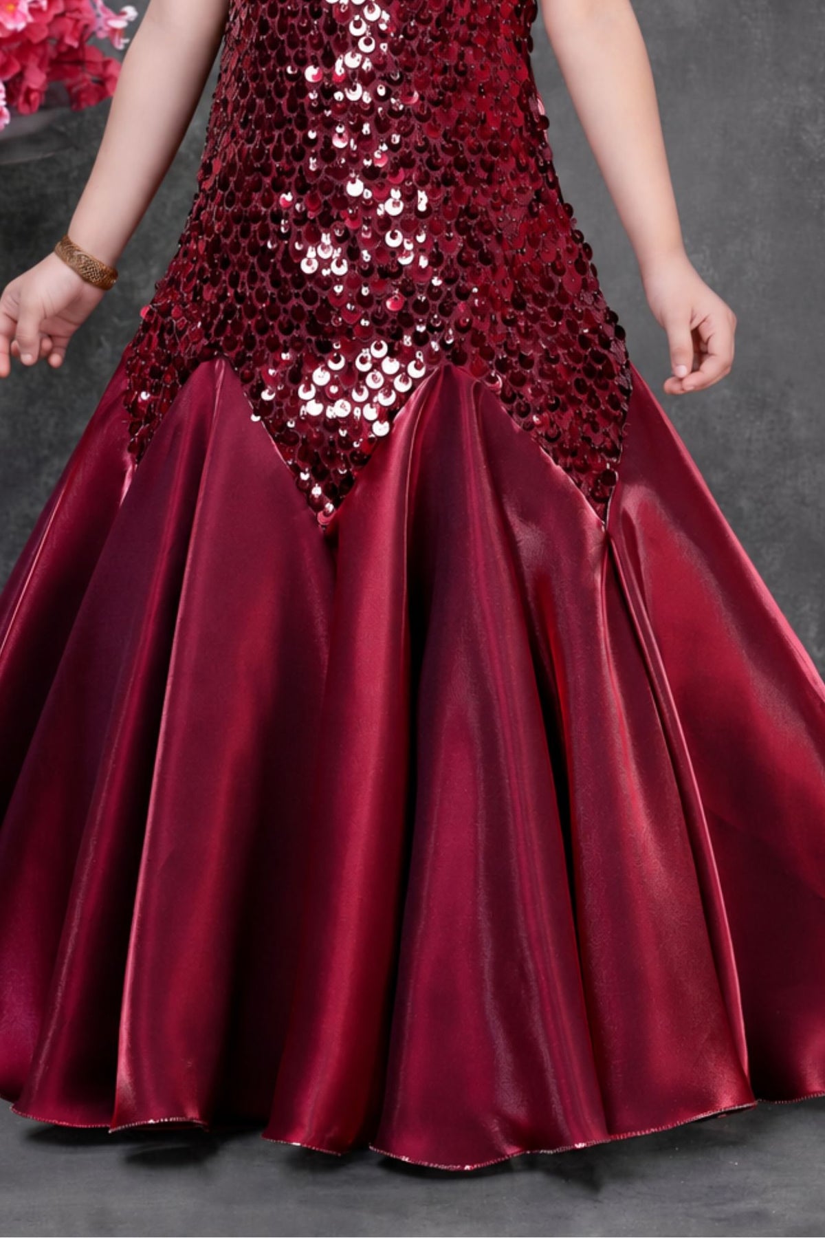 Maroon Sequin Embellished Mermaid Style Party Wear Gown For Girls