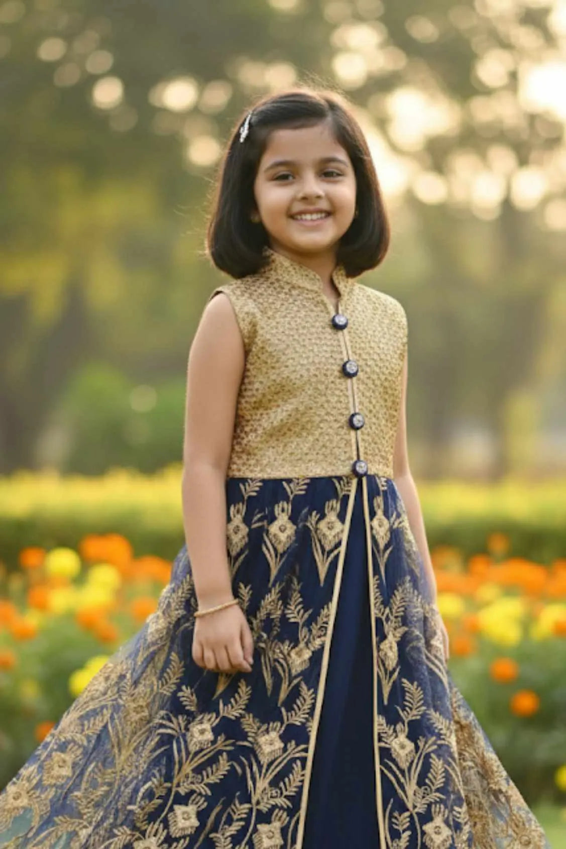 Gold Mastani Top With Navy Blue Lehenga for Girls