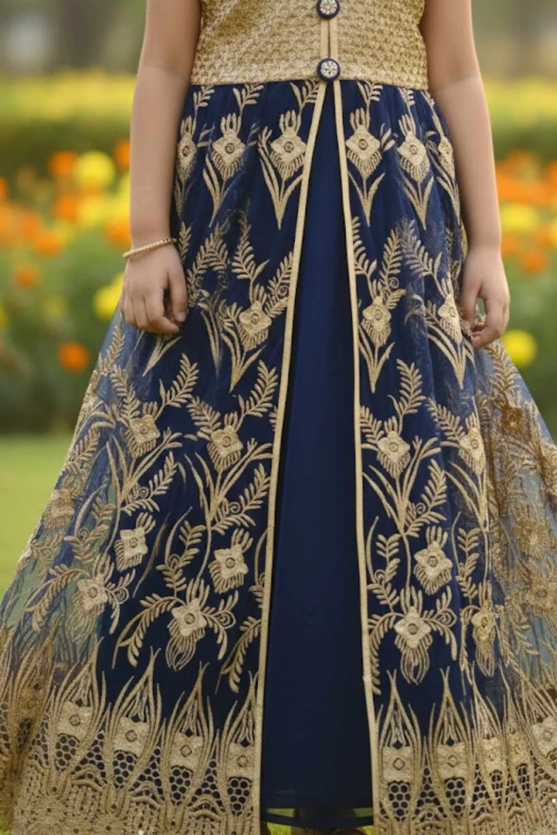 Gold Mastani Top With Navy Blue Lehenga for Girls