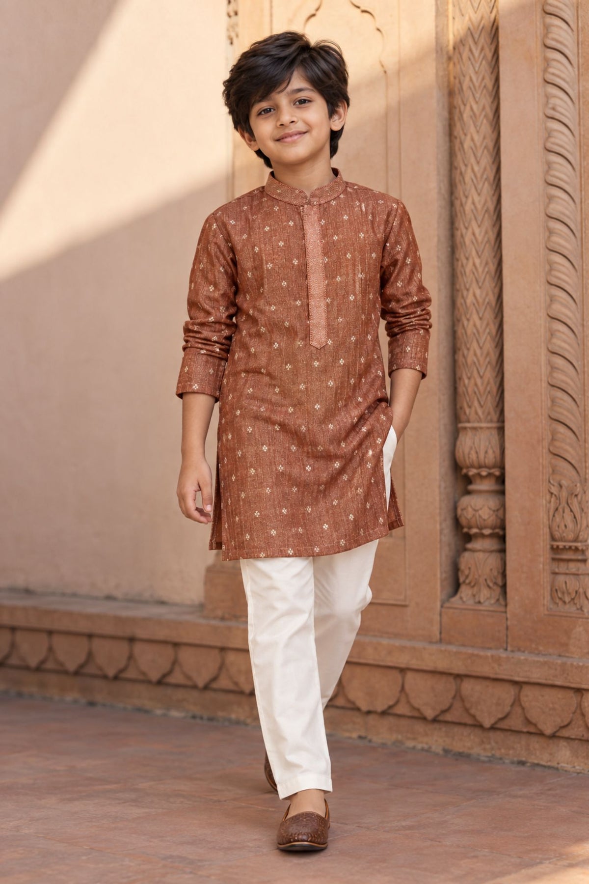 Boys Ethnic Rust Brown Crushed Tissue Embriodered Kurta Pajama Set