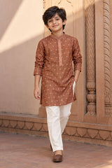 Boys Ethnic Rust Brown Crushed Tissue Embriodered Kurta Pajama Set