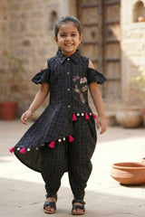 Black Checkered Dhoti Pants Set For Girls