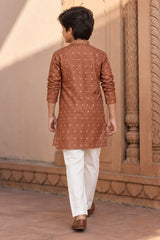 Boys Ethnic Rust Brown Crushed Tissue Embriodered Kurta Pajama Set