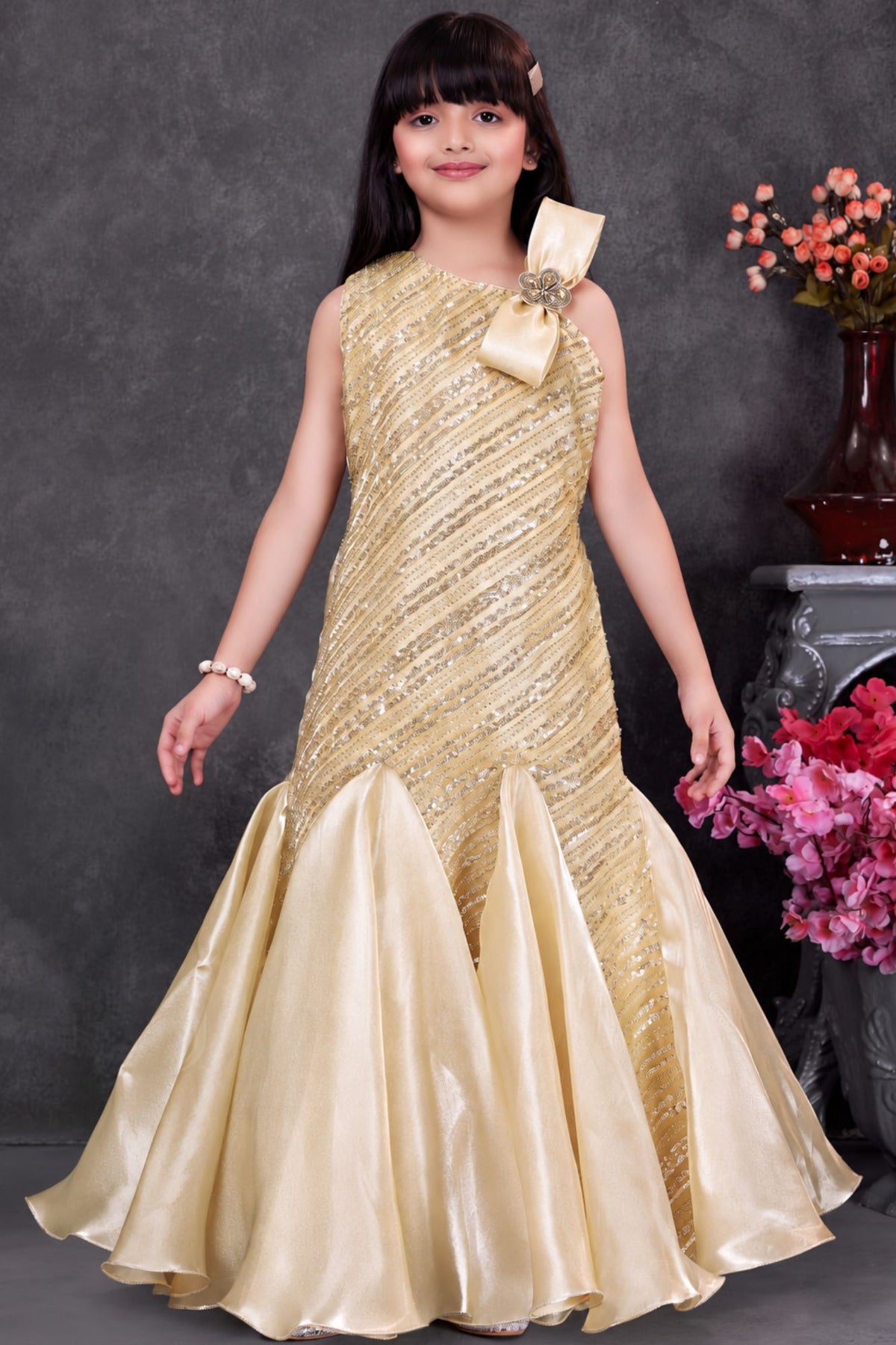 Girls Ivory Sequin Embellished One-Shoulder Mermaid Style Party Wear Gown