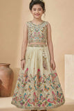 Cream Butterfly Embroidered Lehenga Choli Set For Girls