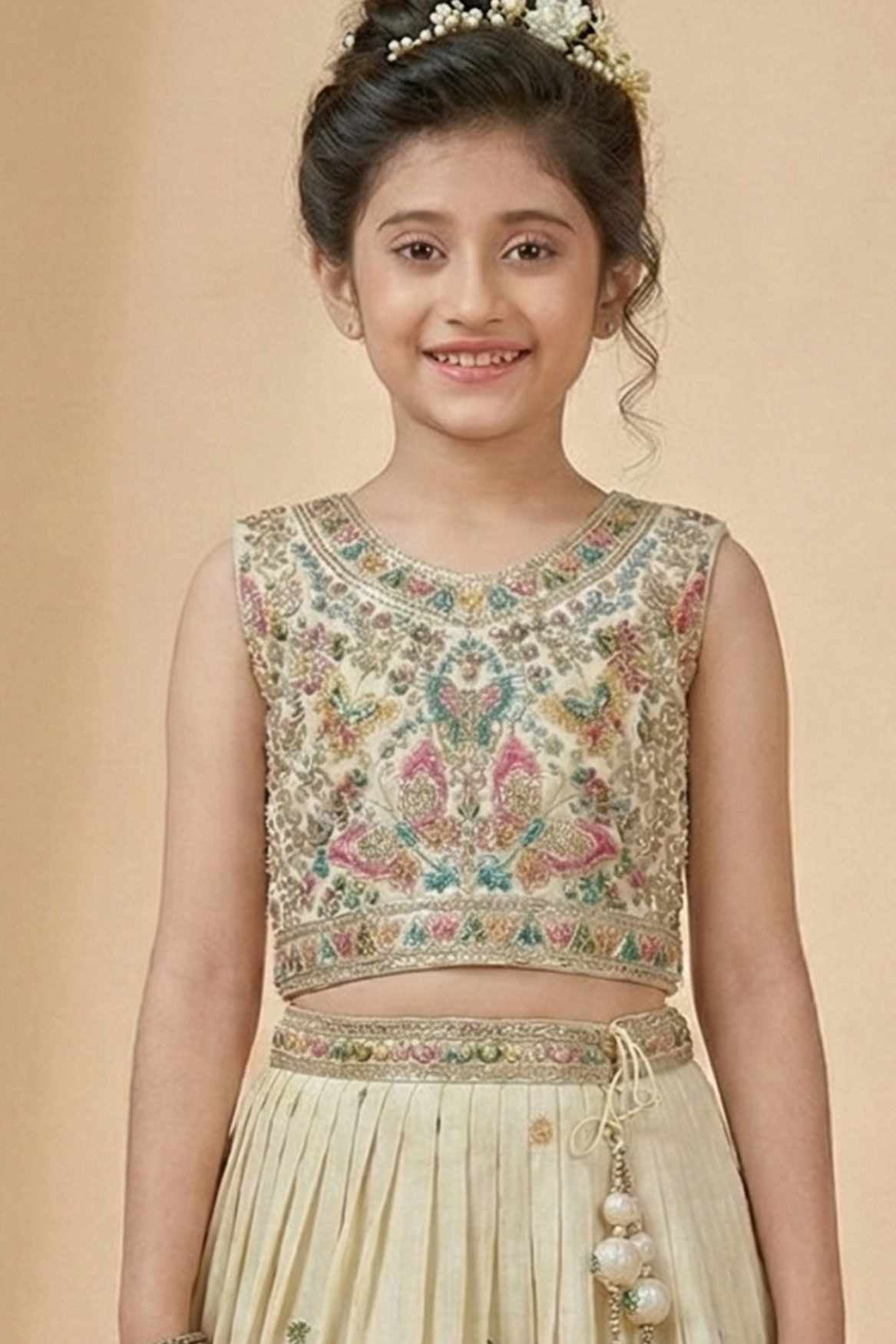 Cream Butterfly Embroidered Lehenga Choli Set For Girls