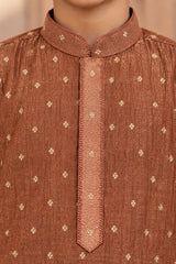 Boys Ethnic Rust Brown Crushed Tissue Embriodered Kurta Pajama Set