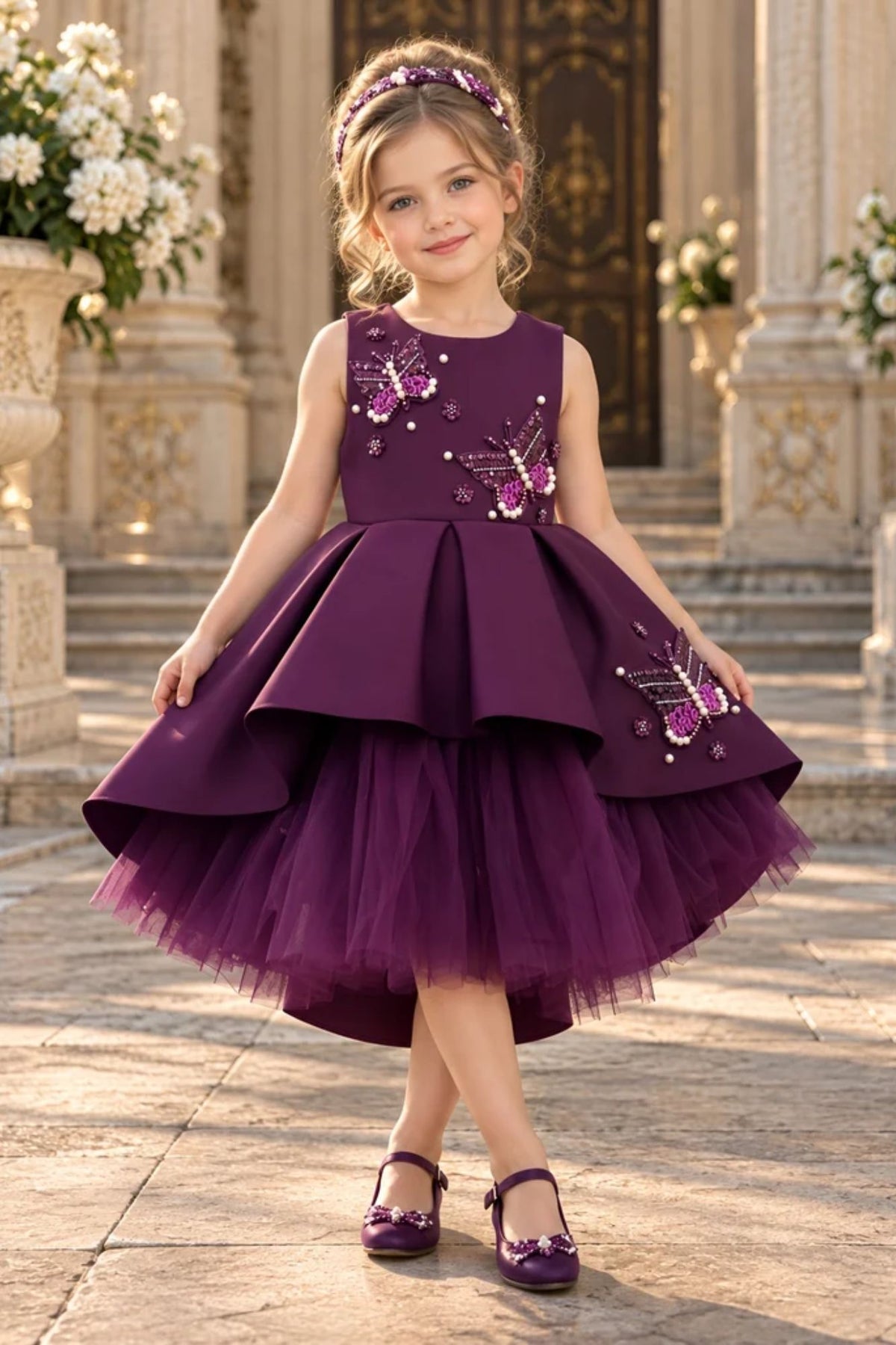 Girls Wine Butterfly Embellished High-Low Tail Back  Party Wear Frock