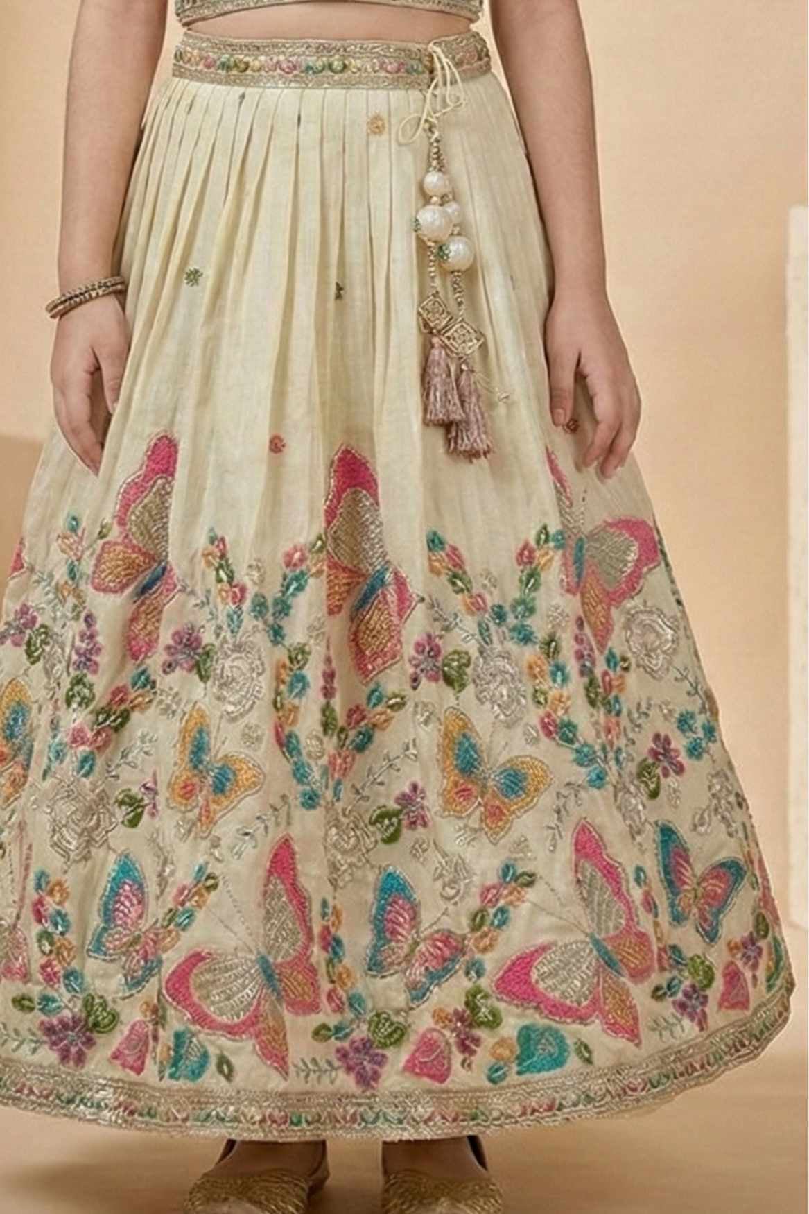Cream Butterfly Embroidered Lehenga Choli Set For Girls